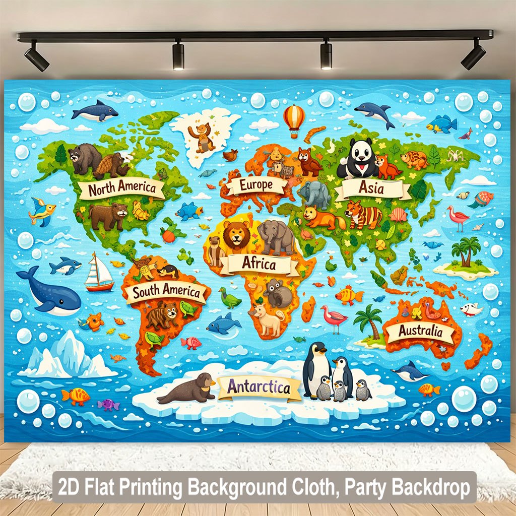 Kids Education Nursery - Tapeçaria de Mapa Mundi com Animais